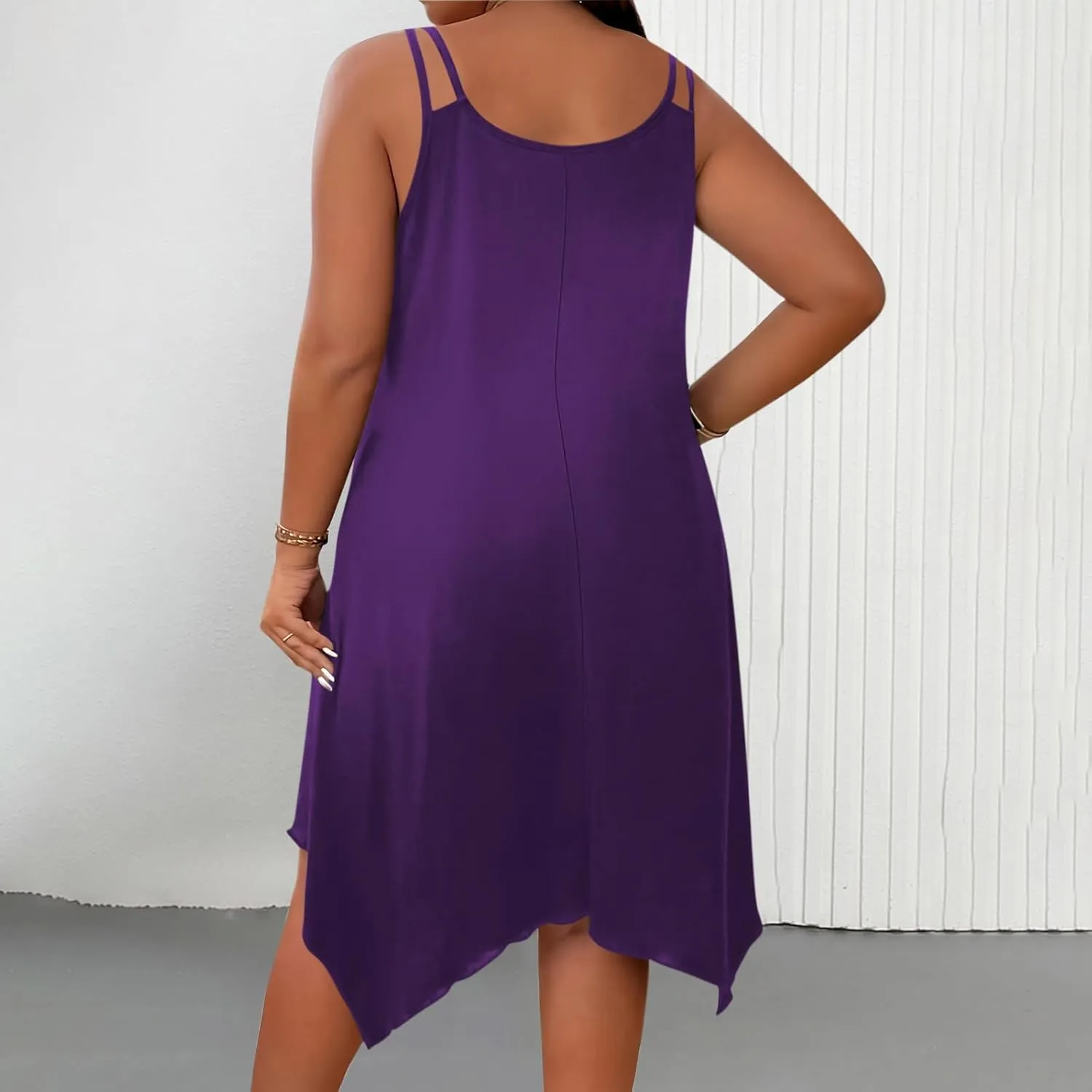 Plus Size Women Irregular Flowy Sundress Sleeveless Spaghetti Strap Midi Dress Summer Hi Low Swing Aline Dresses
