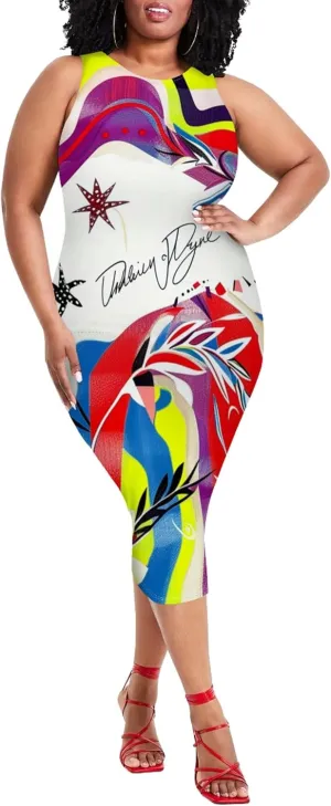 Plus Size Women's Sleeveless Casual Bodycon Tie Dye Midi Dresses Slim Fit Elegant Cocktail Party Club Mini Dress