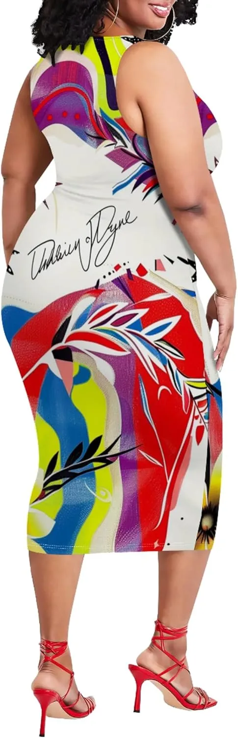 Plus Size Women's Sleeveless Casual Bodycon Tie Dye Midi Dresses Slim Fit Elegant Cocktail Party Club Mini Dress