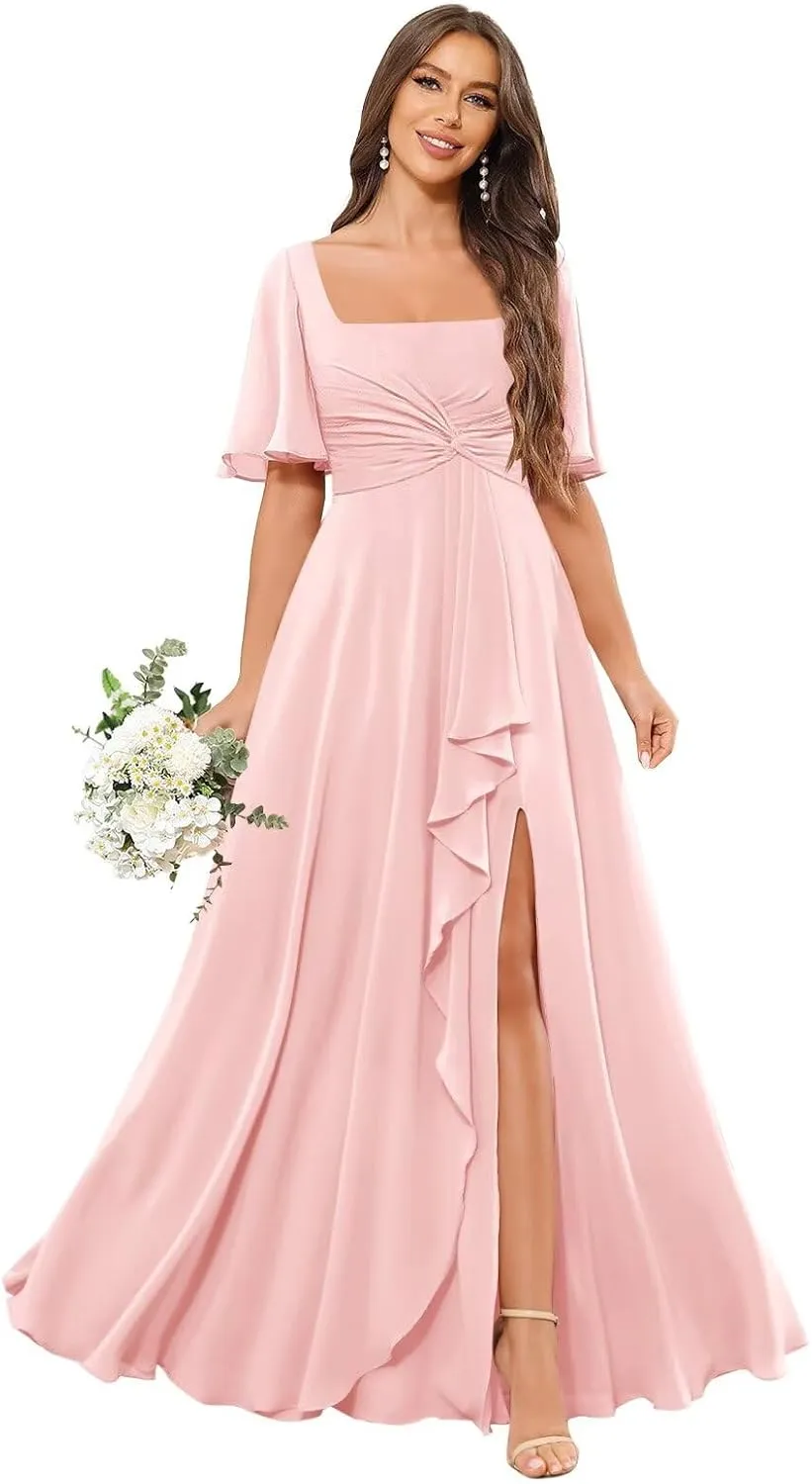 POMUYOO Square Neck Chiffon Bridesmaid Dresses with Sleeve Long Pleat A-Line Formal Party Gowns with Pockets