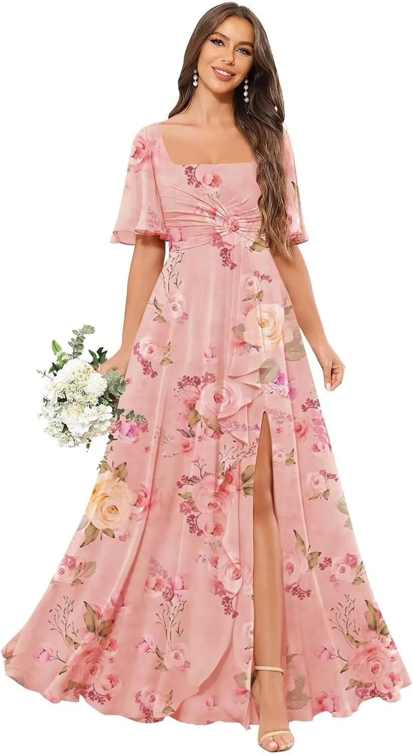 POMUYOO Square Neck Chiffon Bridesmaid Dresses with Sleeve Long Pleat A-Line Formal Party Gowns with Pockets