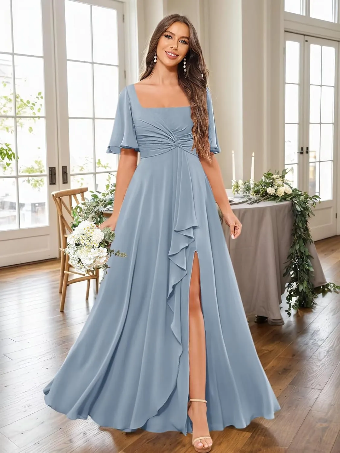 POMUYOO Square Neck Chiffon Bridesmaid Dresses with Sleeve Long Pleat A-Line Formal Party Gowns with Pockets