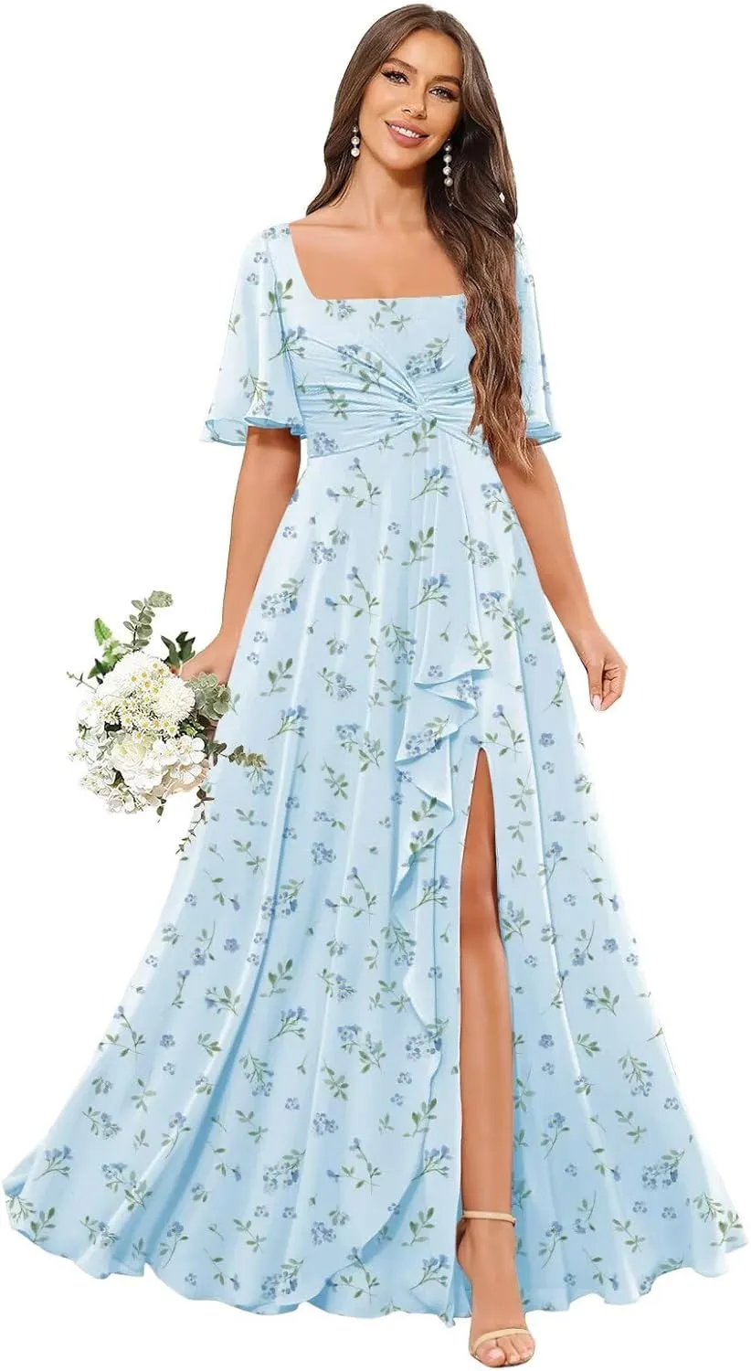 POMUYOO Square Neck Chiffon Bridesmaid Dresses with Sleeve Long Pleat A-Line Formal Party Gowns with Pockets