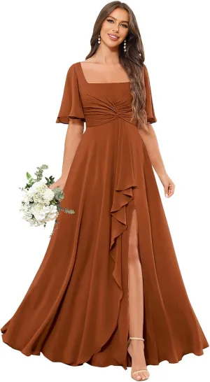 POMUYOO Square Neck Chiffon Bridesmaid Dresses with Sleeve Long Pleat A-Line Formal Party Gowns with Pockets