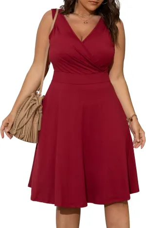 POSESHE Womens Plus Size Dresses Sleeveless Wrap V-Neck Sundress Casual Summer Wedding Guest Cocktail Dress with Pockets