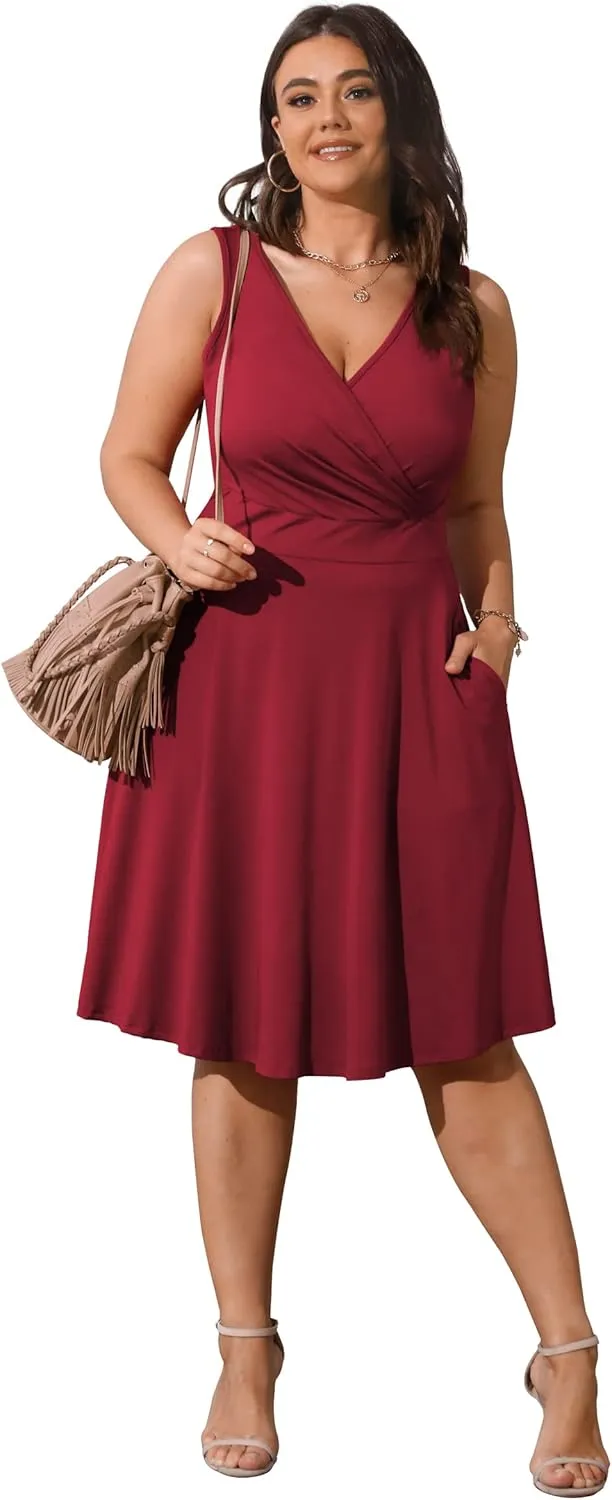 POSESHE Womens Plus Size Dresses Sleeveless Wrap V-Neck Sundress Casual Summer Wedding Guest Cocktail Dress with Pockets