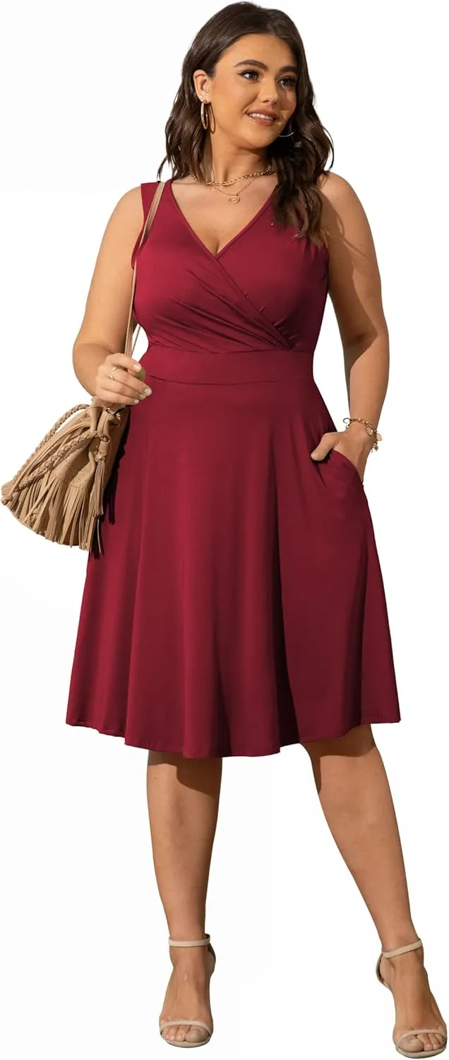 POSESHE Womens Plus Size Dresses Sleeveless Wrap V-Neck Sundress Casual Summer Wedding Guest Cocktail Dress with Pockets
