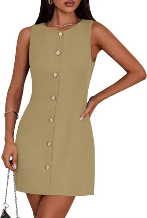 PRETTYGARDEN Work Dresses for Women 2025 Summer Business Short Dress Sleeveless Button Down Formal Elegant Office Outfits