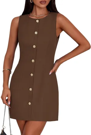 PRETTYGARDEN Work Dresses for Women 2025 Summer Business Short Dress Sleeveless Button Down Formal Elegant Office Outfits