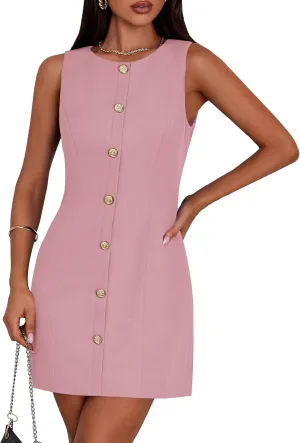 PRETTYGARDEN Work Dresses for Women 2025 Summer Business Short Dress Sleeveless Button Down Formal Elegant Office Outfits