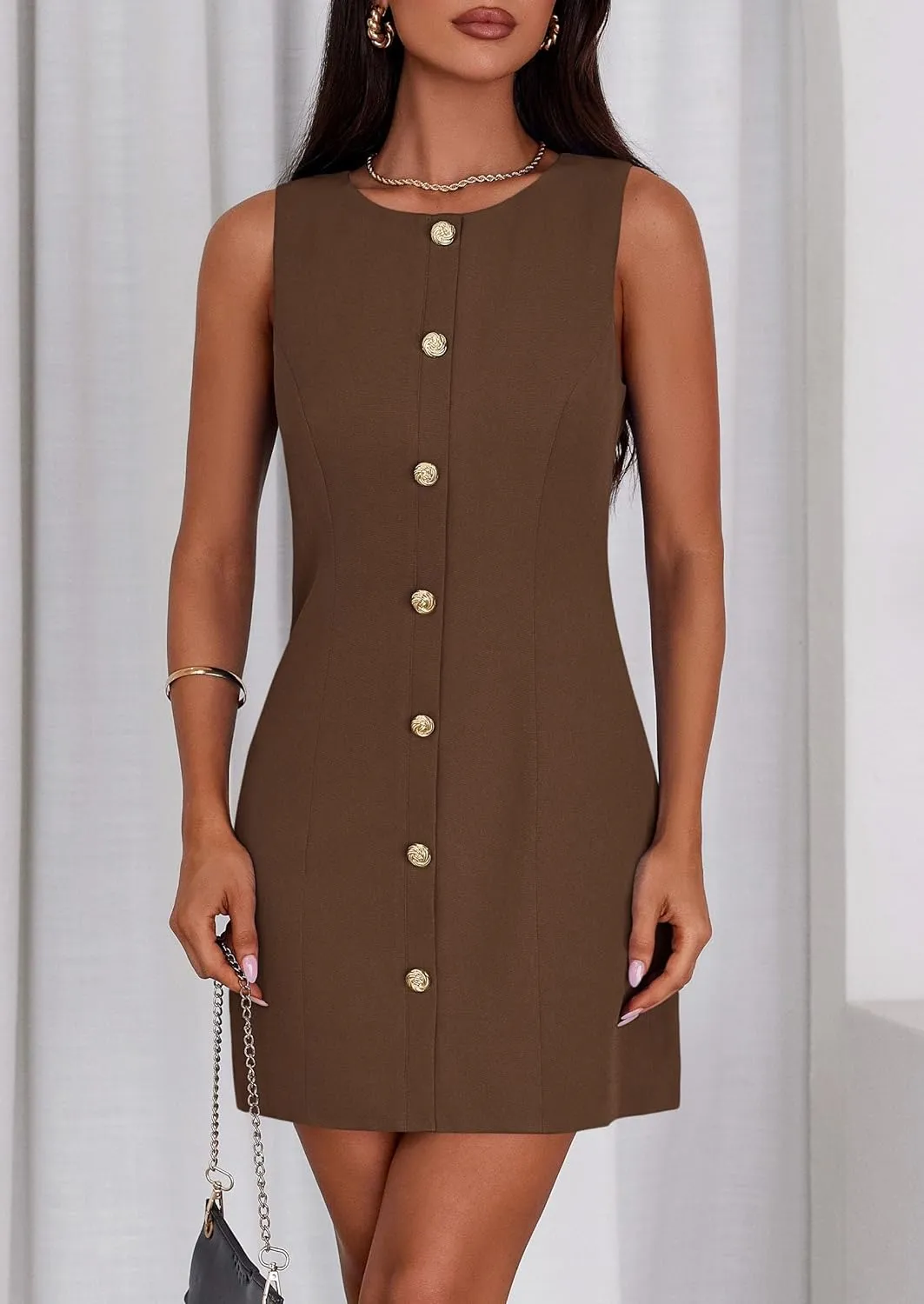PRETTYGARDEN Work Dresses for Women 2025 Summer Business Short Dress Sleeveless Button Down Formal Elegant Office Outfits