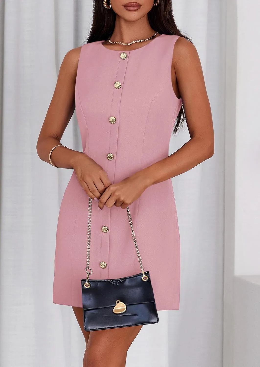 PRETTYGARDEN Work Dresses for Women 2025 Summer Business Short Dress Sleeveless Button Down Formal Elegant Office Outfits