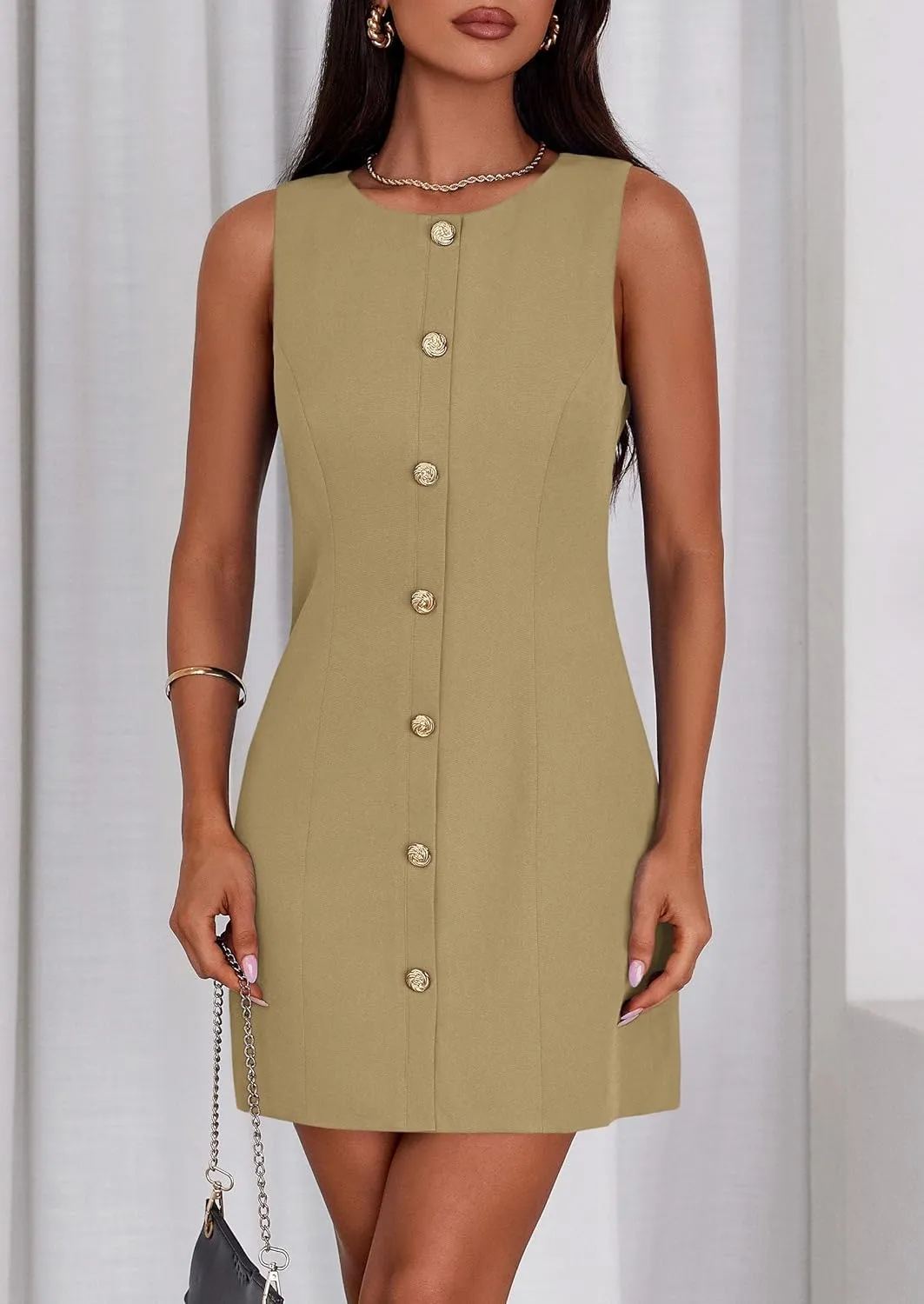 PRETTYGARDEN Work Dresses for Women 2025 Summer Business Short Dress Sleeveless Button Down Formal Elegant Office Outfits