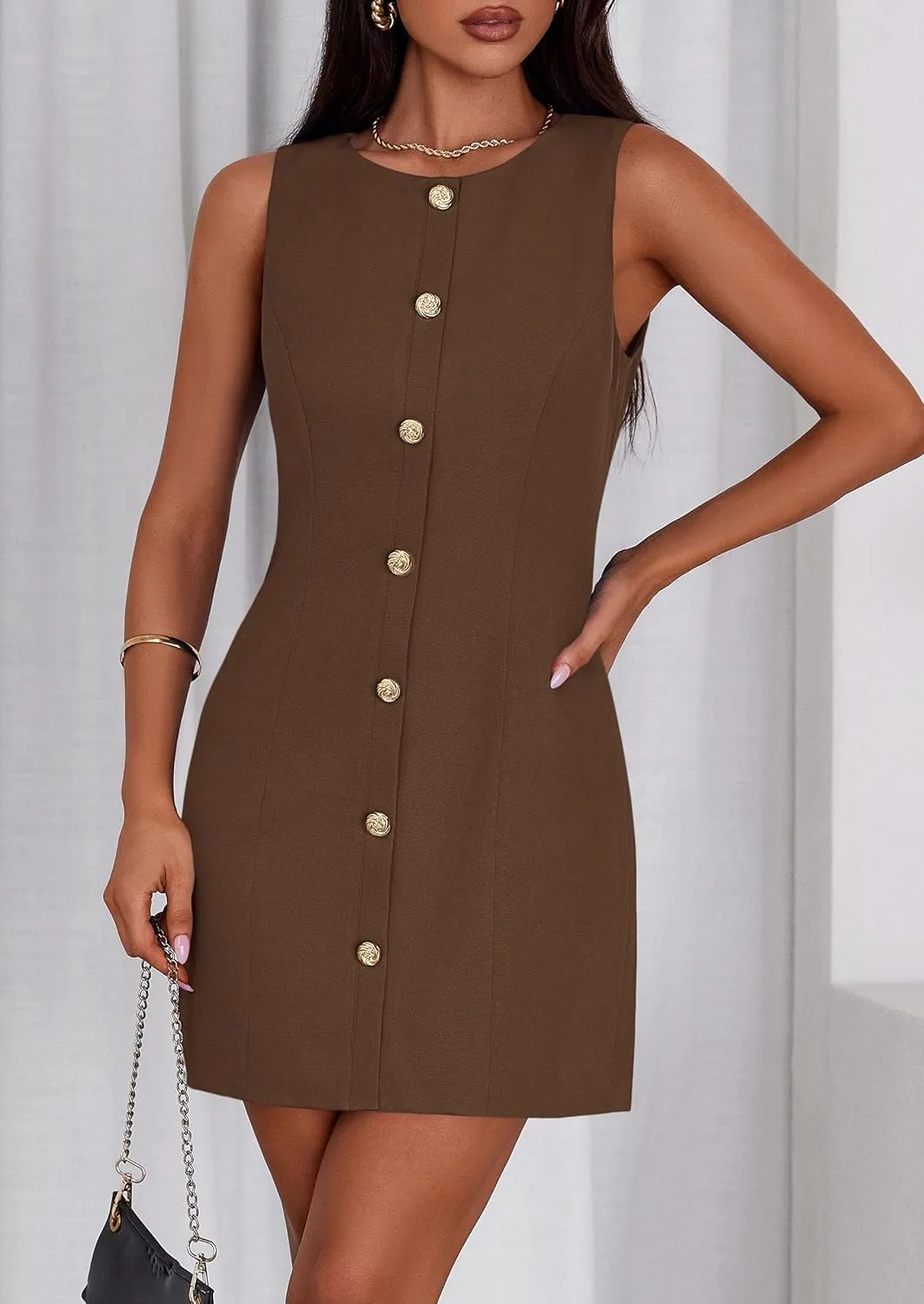 PRETTYGARDEN Work Dresses for Women 2025 Summer Business Short Dress Sleeveless Button Down Formal Elegant Office Outfits
