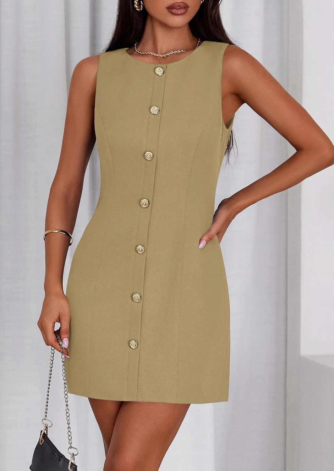 PRETTYGARDEN Work Dresses for Women 2025 Summer Business Short Dress Sleeveless Button Down Formal Elegant Office Outfits