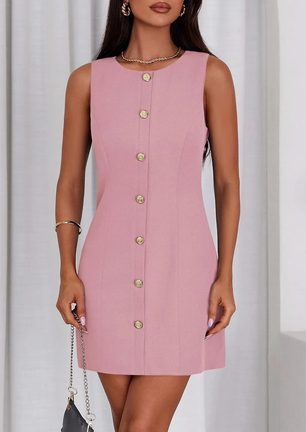 PRETTYGARDEN Work Dresses for Women 2025 Summer Business Short Dress Sleeveless Button Down Formal Elegant Office Outfits