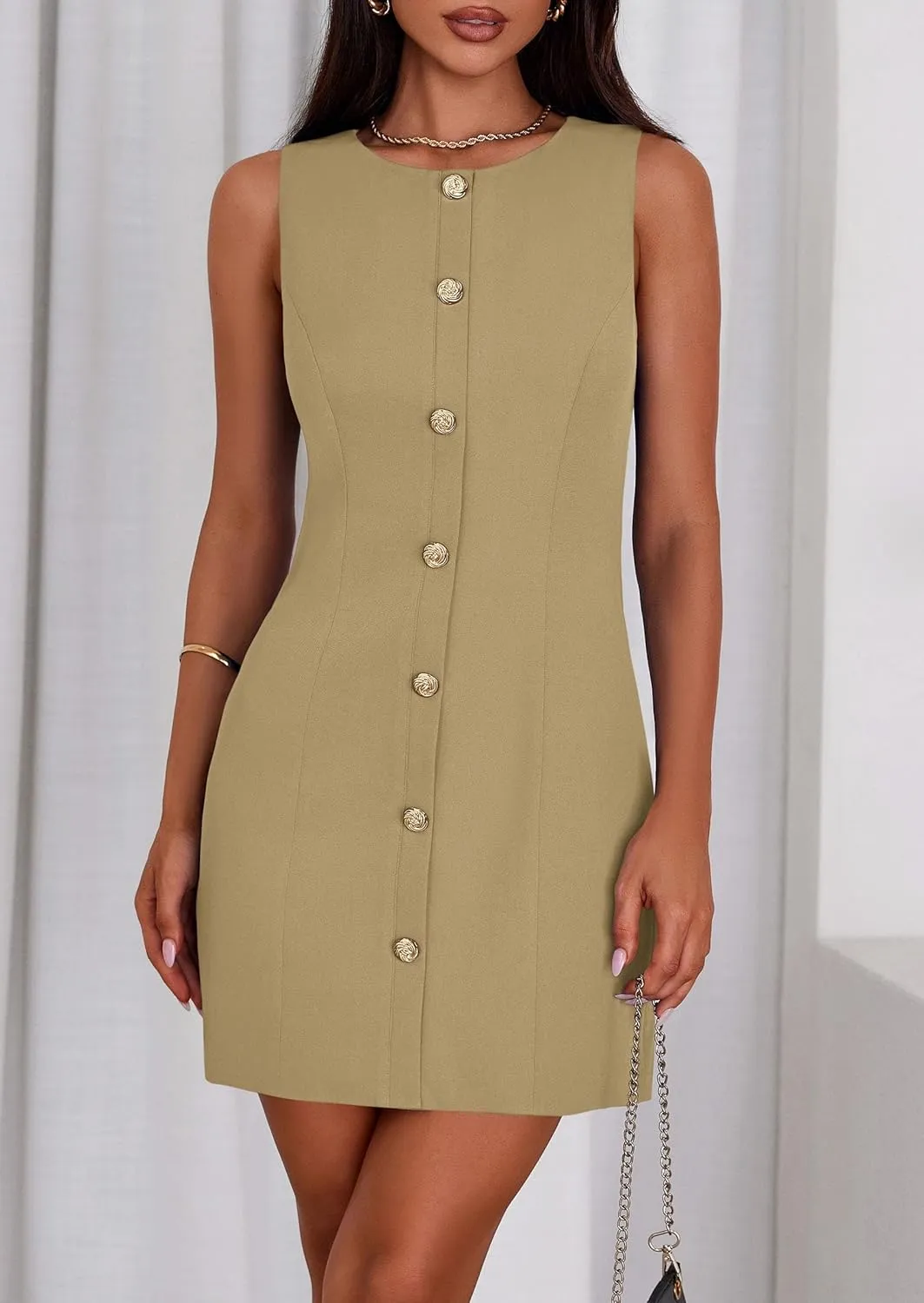 PRETTYGARDEN Work Dresses for Women 2025 Summer Business Short Dress Sleeveless Button Down Formal Elegant Office Outfits