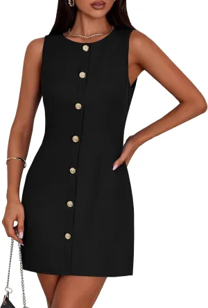 PRETTYGARDEN Work Dresses for Women 2025 Summer Business Short Dress Sleeveless Button Down Formal Elegant Office Outfits