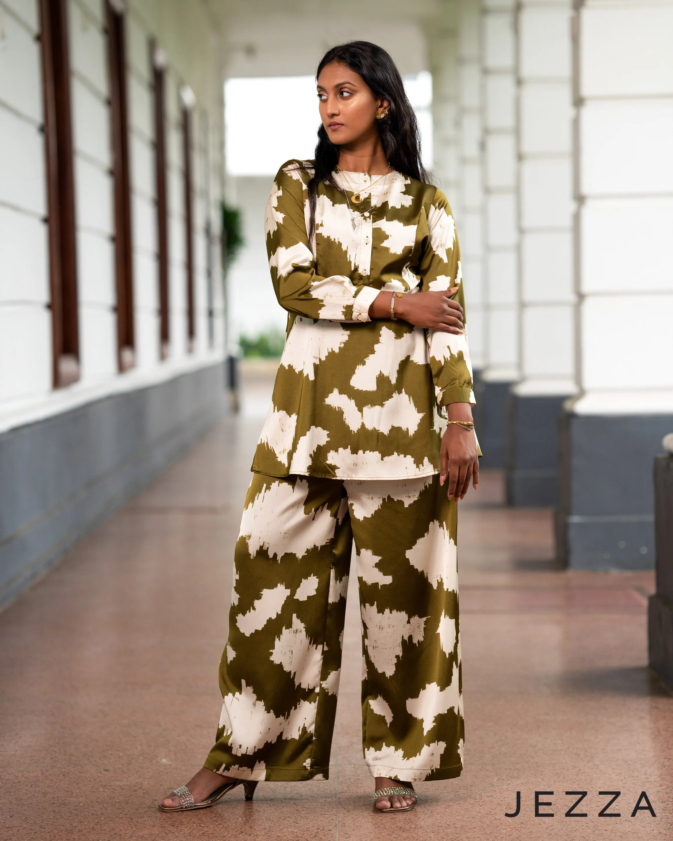 Printed Polyester Peplum Top & Pant Set 59301
