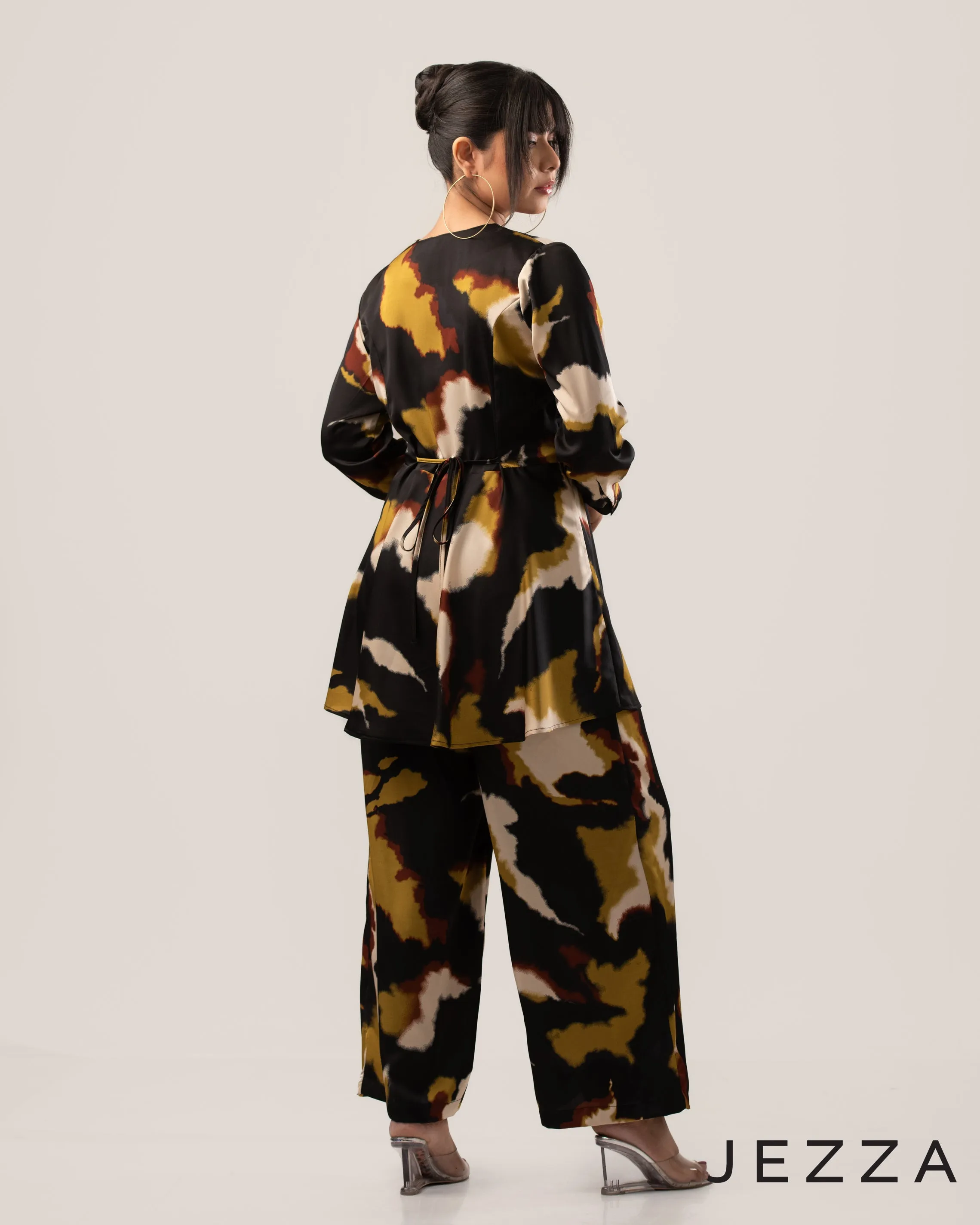 Printed Polyester Peplum Top & Pant Set 59302