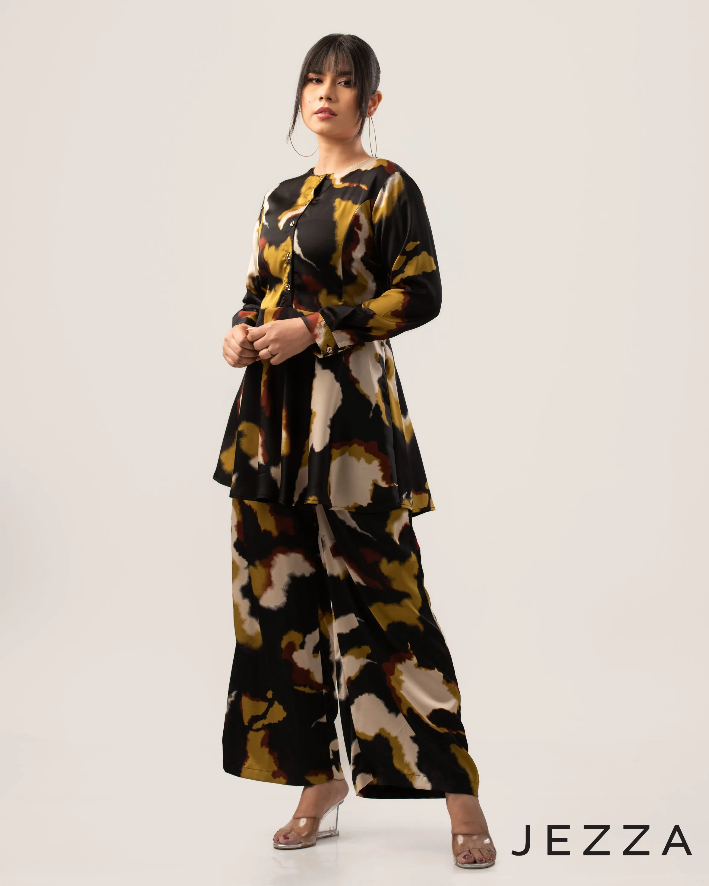 Printed Polyester Peplum Top & Pant Set 59302