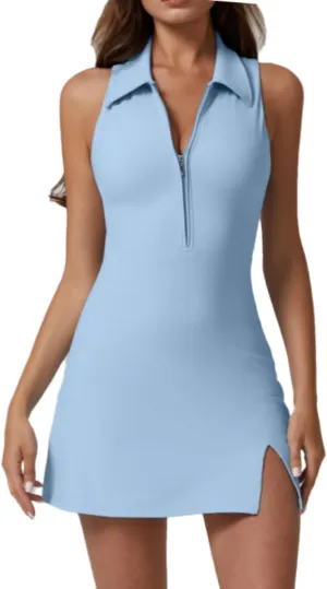 QINSEN Athletic Dress with Pockets Zip Front Polo Neck Tennis Dresses with Build in Shorts Light Blue XL