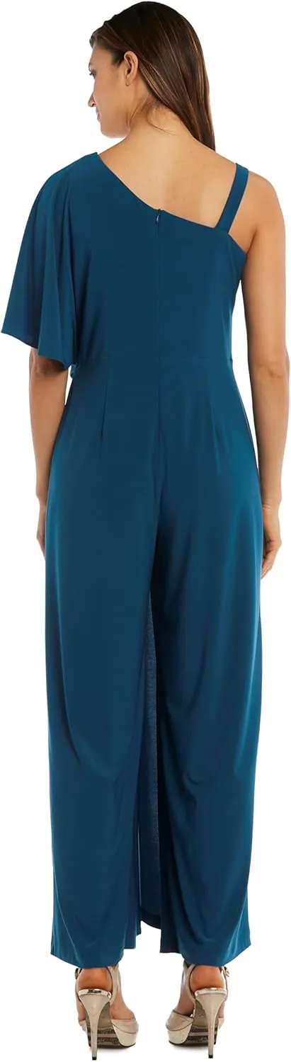 R&M Richards Elegant One-Shoulder Draped Overlay Wide-Leg Jumpsuit W/Relaxed Fit