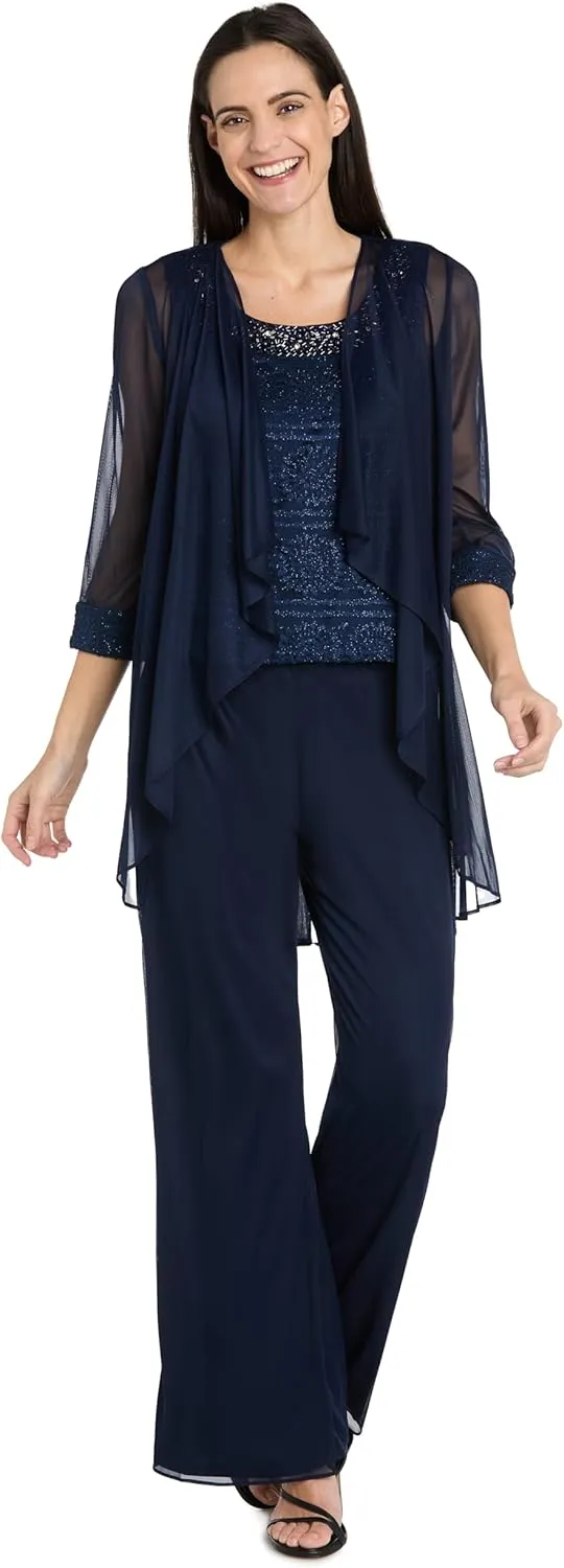 R&M Richards Women's 3PC Glitter Embroidered Pant Suit