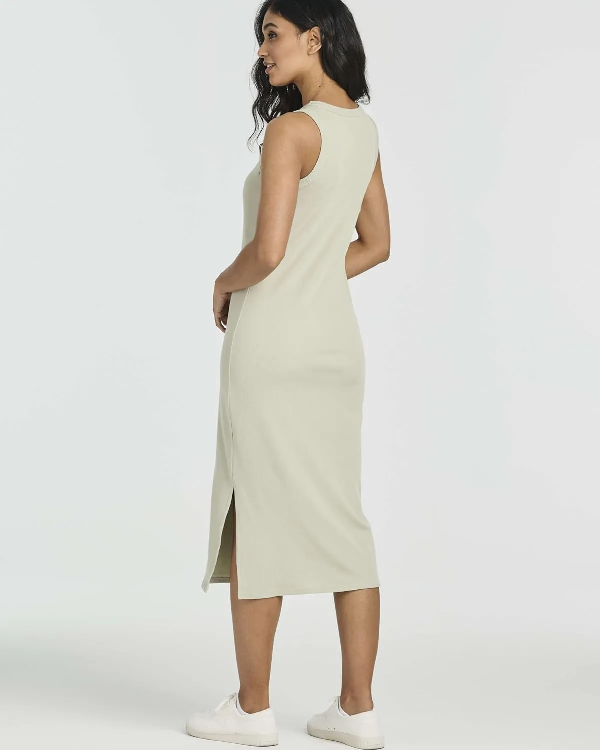 Real Essentials 3 Pack: Women's Ribbed Knit Sleeveless Crew Neck Tank Casual Midi Shift Dress with Slit