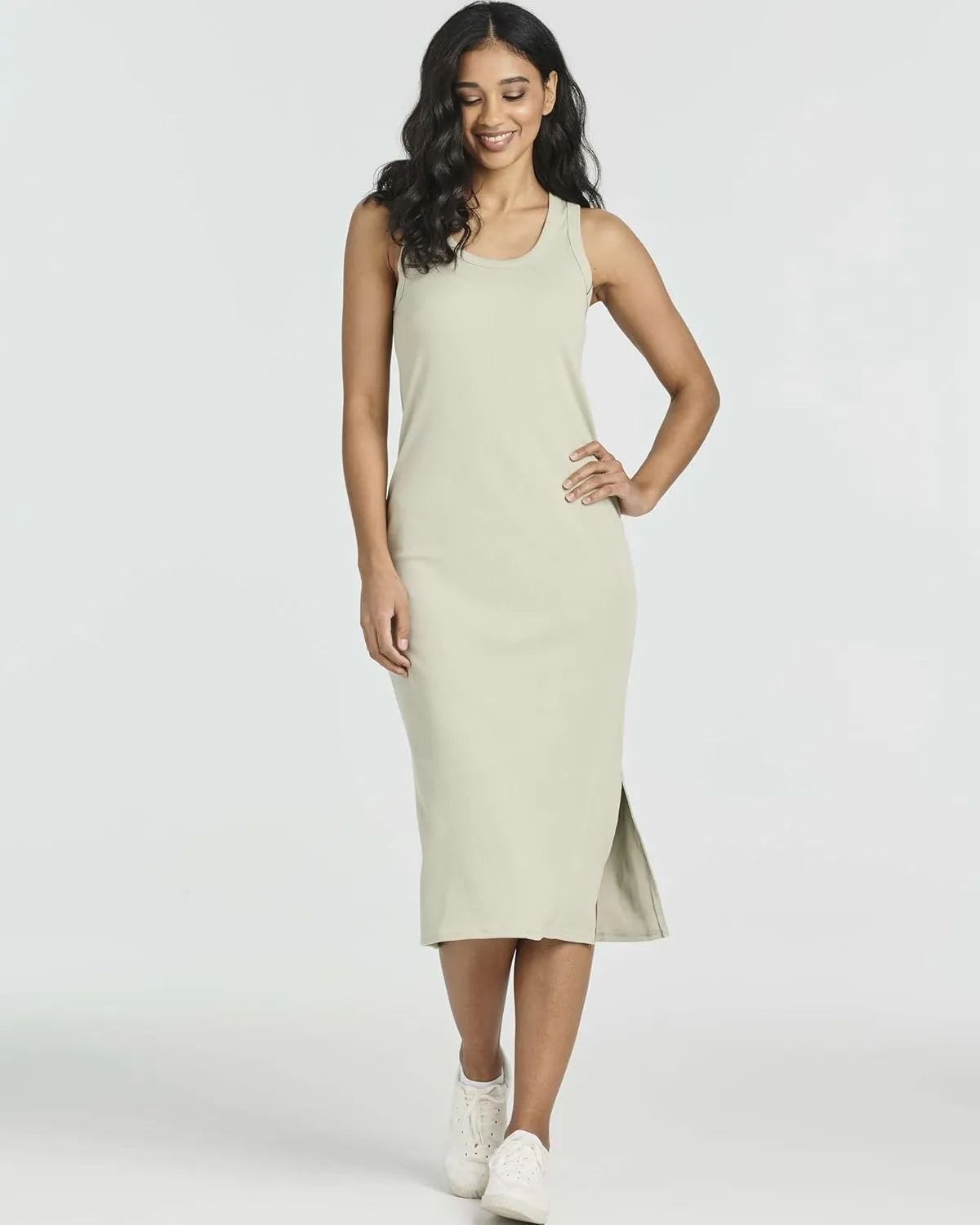 Real Essentials 3 Pack: Women's Ribbed Knit Sleeveless Crew Neck Tank Casual Midi Shift Dress with Slit