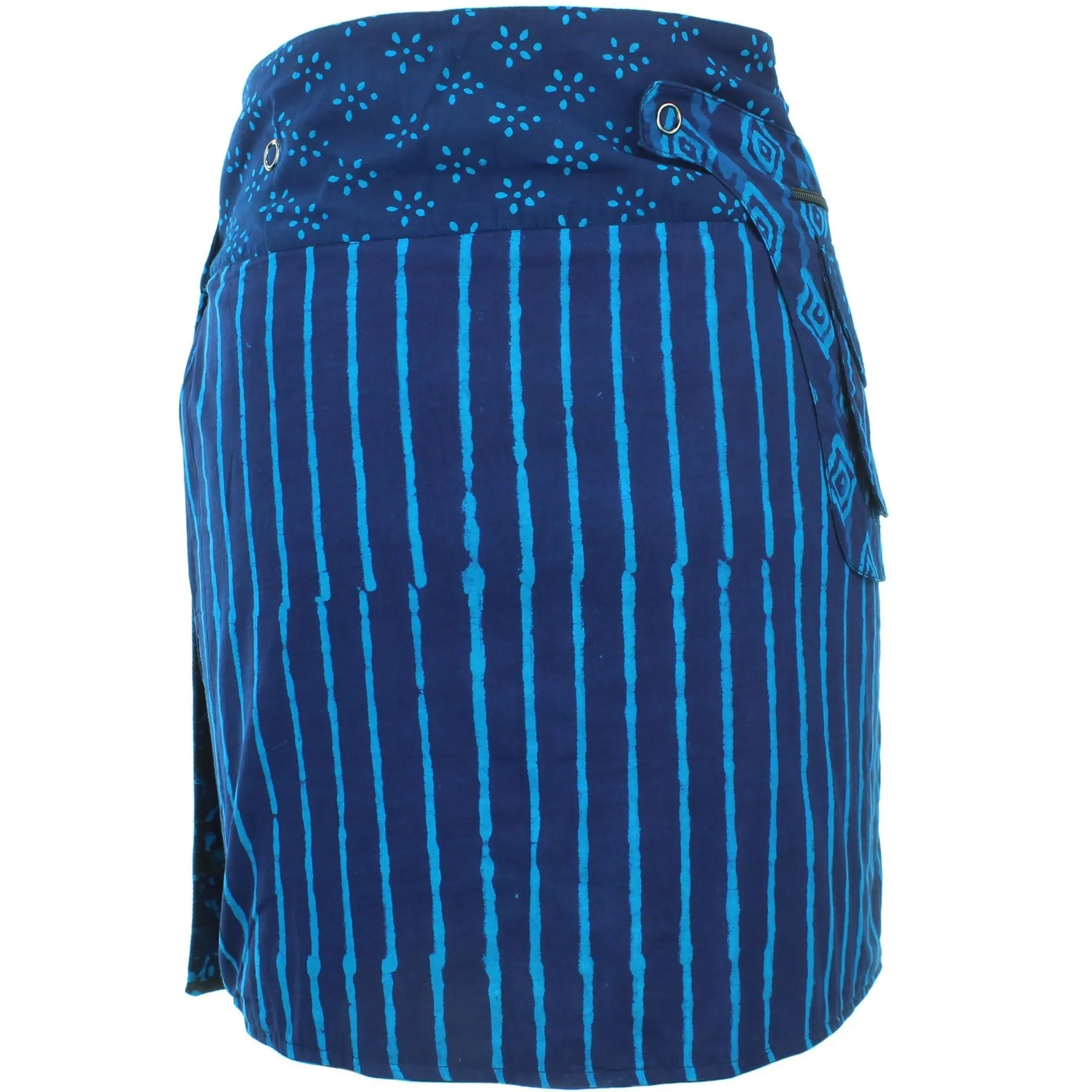 Reversible Popper Wrap Knee Length Skirt - Indigo Patch Strips / Indigo Stripe