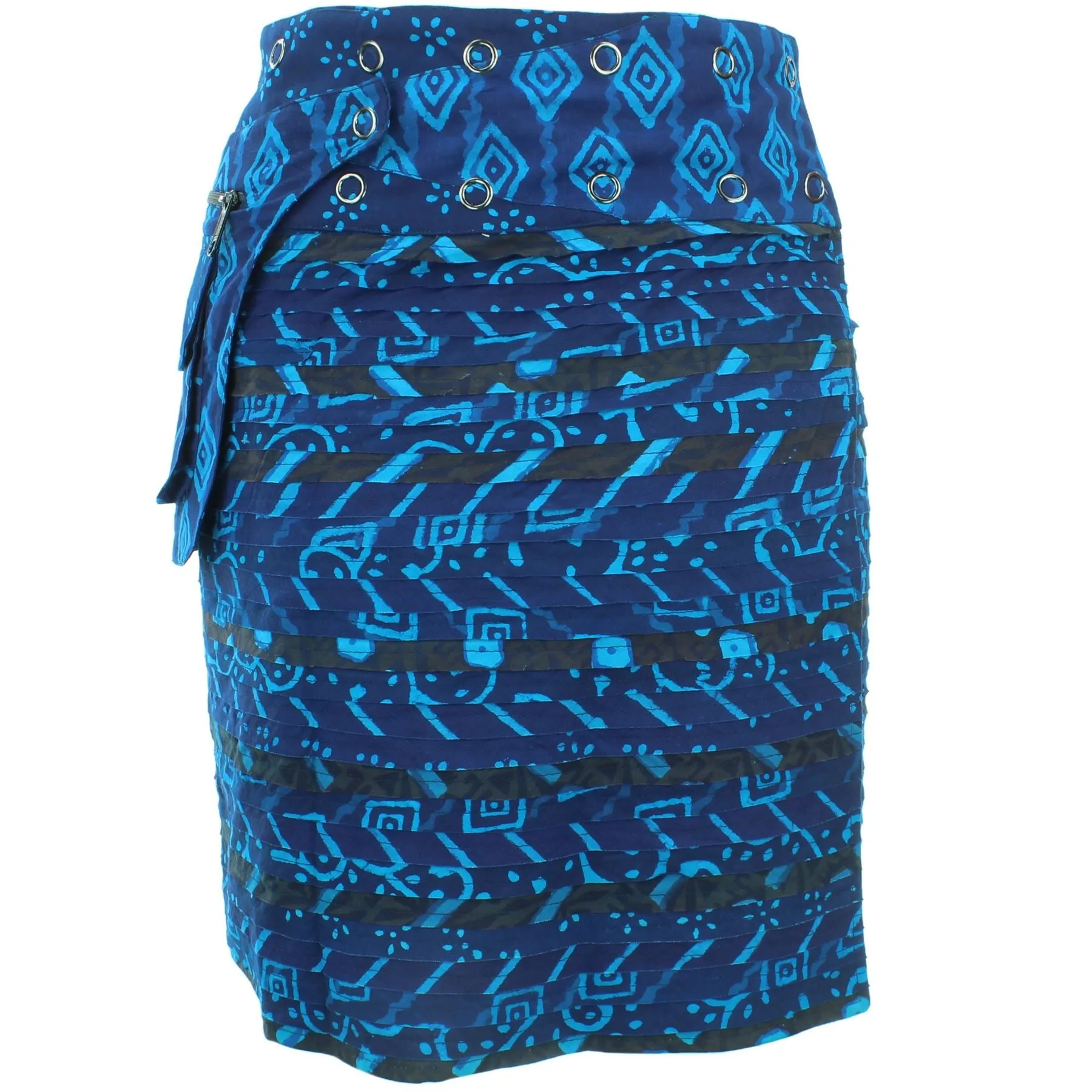 Reversible Popper Wrap Knee Length Skirt - Indigo Patch Strips / Indigo Stripe