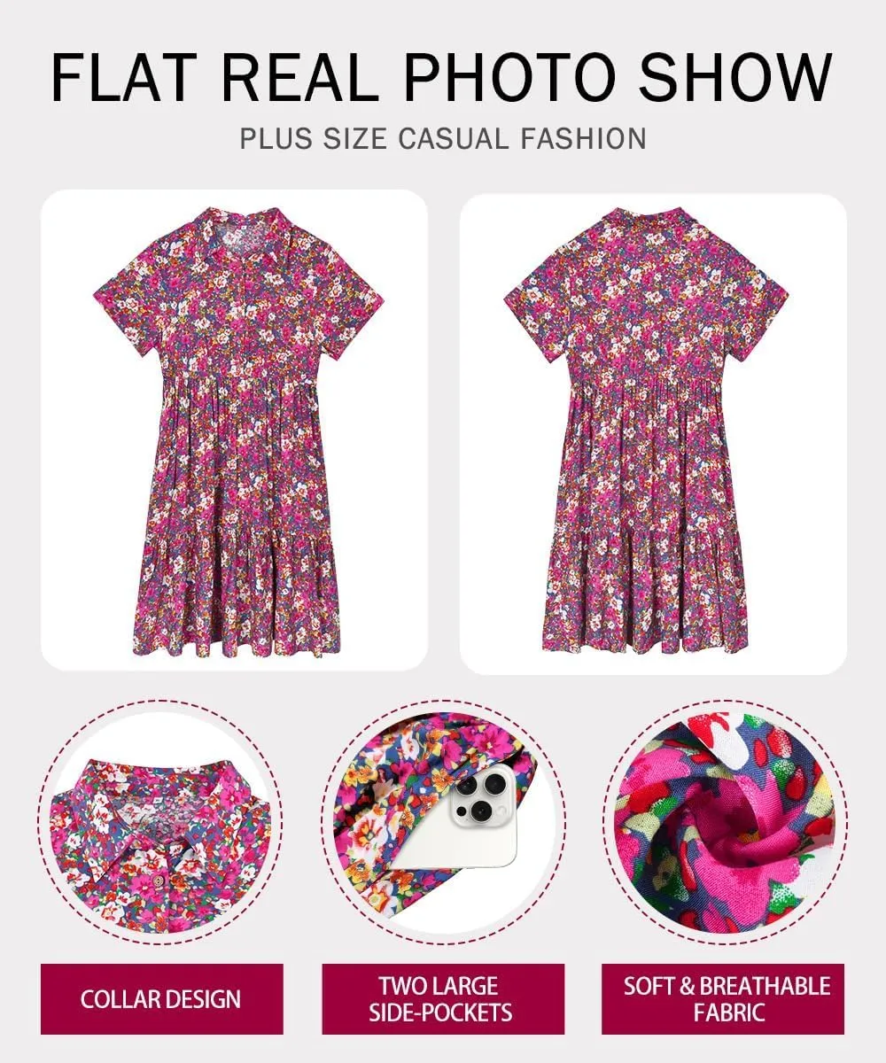 RITERA Plus Size Short Sleeve Dress for Curvy Women Button Up Floral Flowy Summer Casual Maxi Dresses with Pockets XL-5XL