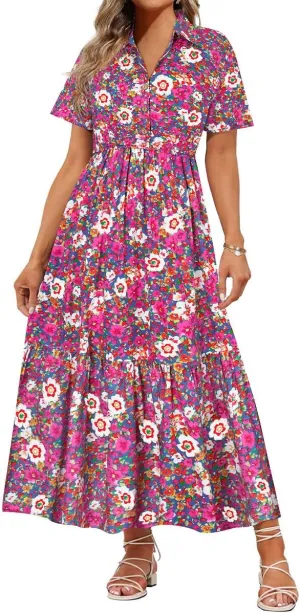 RITERA Plus Size Short Sleeve Dress for Curvy Women Button Up Floral Flowy Summer Casual Maxi Dresses with Pockets XL-5XL