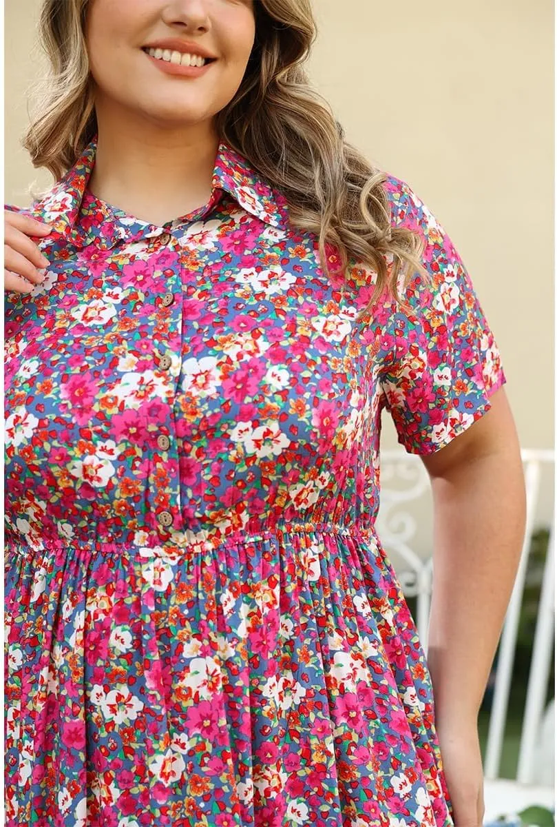 RITERA Plus Size Short Sleeve Dress for Curvy Women Button Up Floral Flowy Summer Casual Maxi Dresses with Pockets XL-5XL