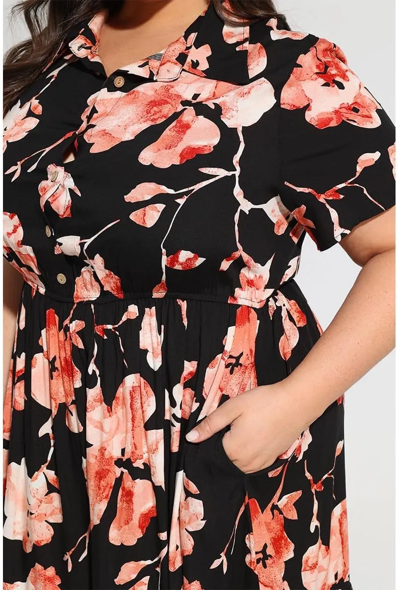 RITERA Plus Size Short Sleeve Dress for Curvy Women Button Up Floral Flowy Summer Casual Maxi Dresses with Pockets XL-5XL