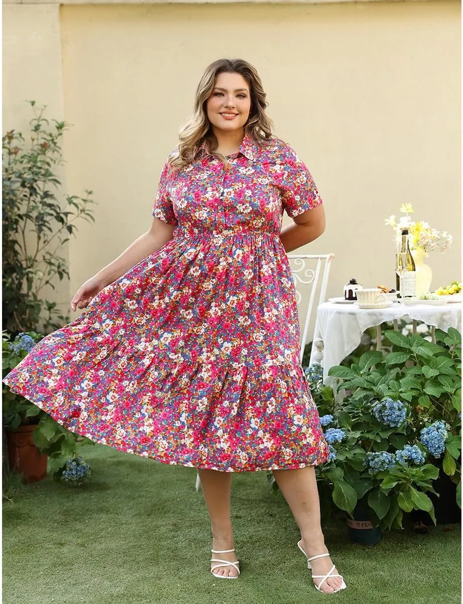 RITERA Plus Size Short Sleeve Dress for Curvy Women Button Up Floral Flowy Summer Casual Maxi Dresses with Pockets XL-5XL