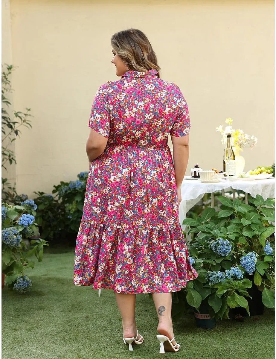 RITERA Plus Size Short Sleeve Dress for Curvy Women Button Up Floral Flowy Summer Casual Maxi Dresses with Pockets XL-5XL