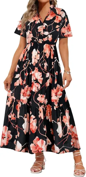 RITERA Plus Size Short Sleeve Dress for Curvy Women Button Up Floral Flowy Summer Casual Maxi Dresses with Pockets XL-5XL