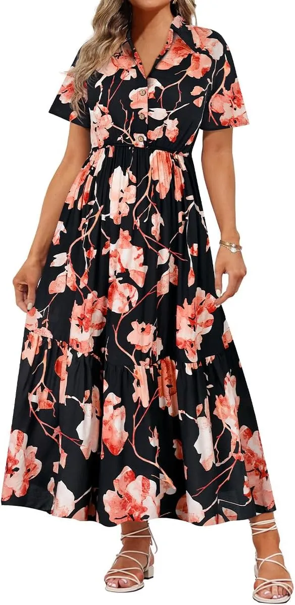 RITERA Plus Size Short Sleeve Dress for Curvy Women Button Up Floral Flowy Summer Casual Maxi Dresses with Pockets XL-5XL
