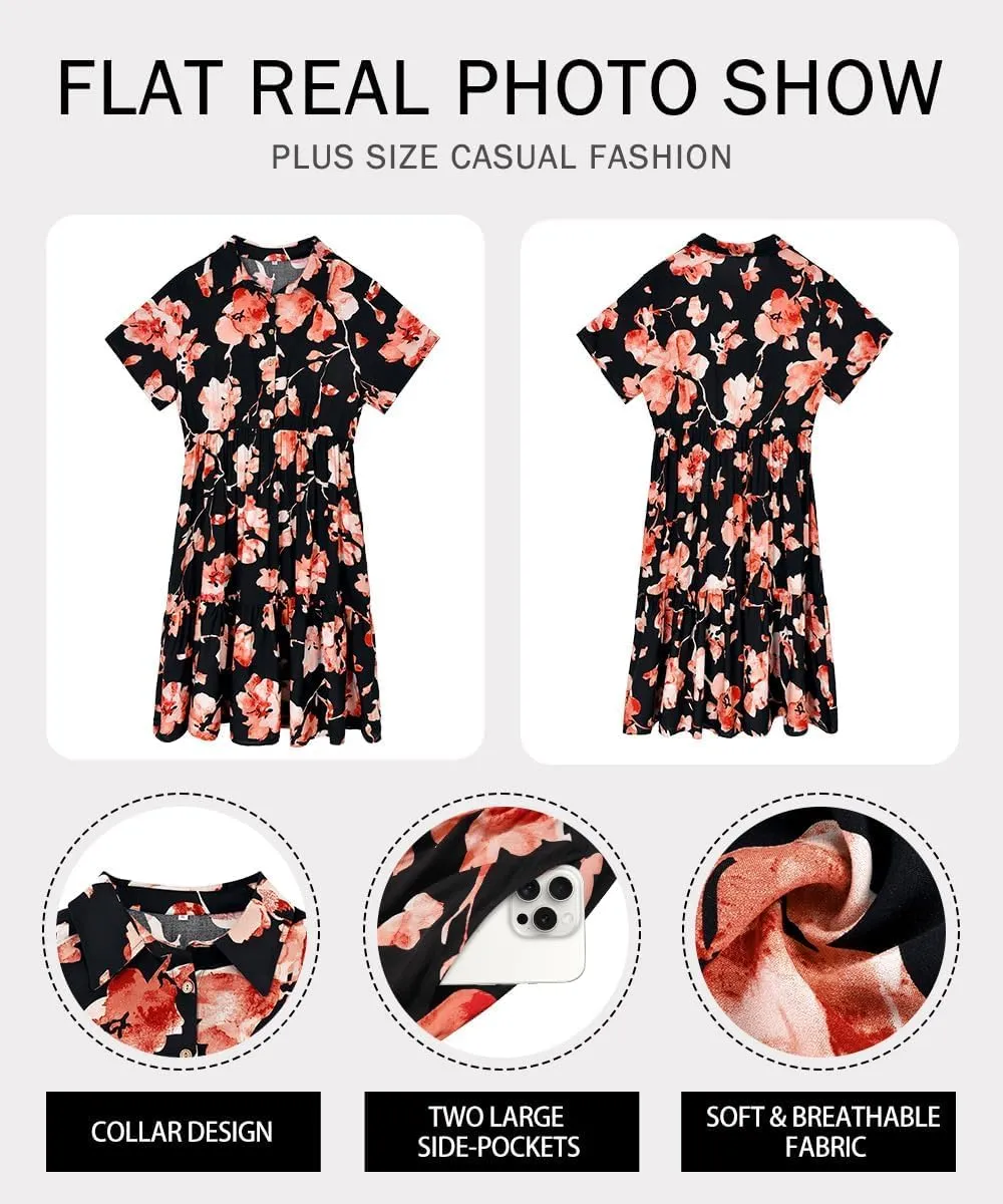 RITERA Plus Size Short Sleeve Dress for Curvy Women Button Up Floral Flowy Summer Casual Maxi Dresses with Pockets XL-5XL