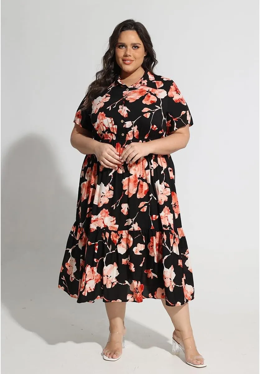 RITERA Plus Size Short Sleeve Dress for Curvy Women Button Up Floral Flowy Summer Casual Maxi Dresses with Pockets XL-5XL