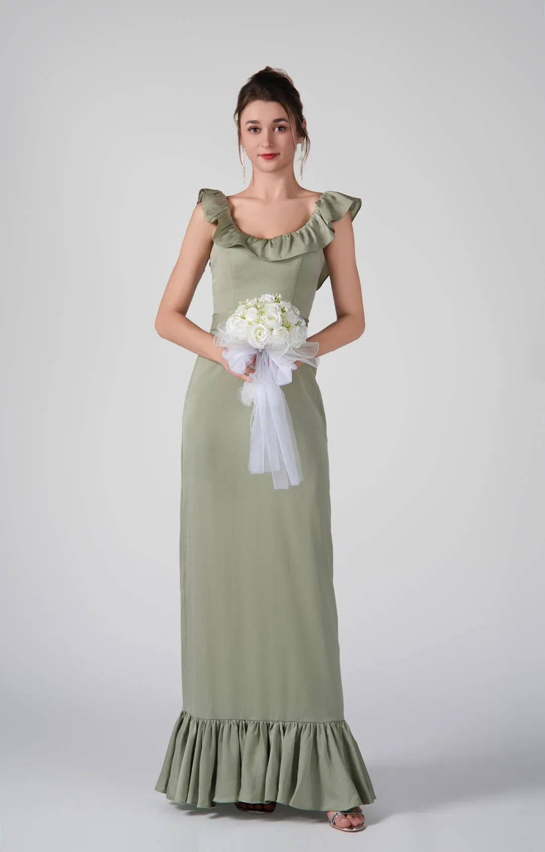 Round Ruffled Neck Belted Waist Back Tie Dresses