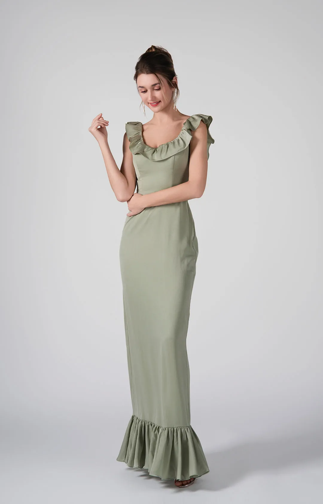 Round Ruffled Neck Belted Waist Back Tie Dresses