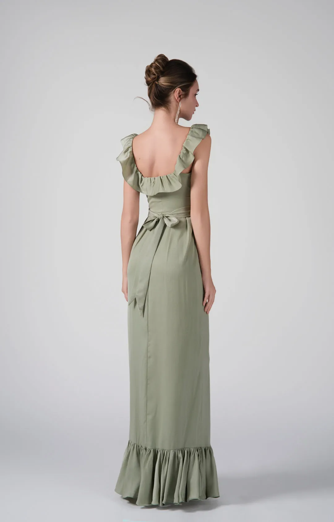 Round Ruffled Neck Belted Waist Back Tie Dresses