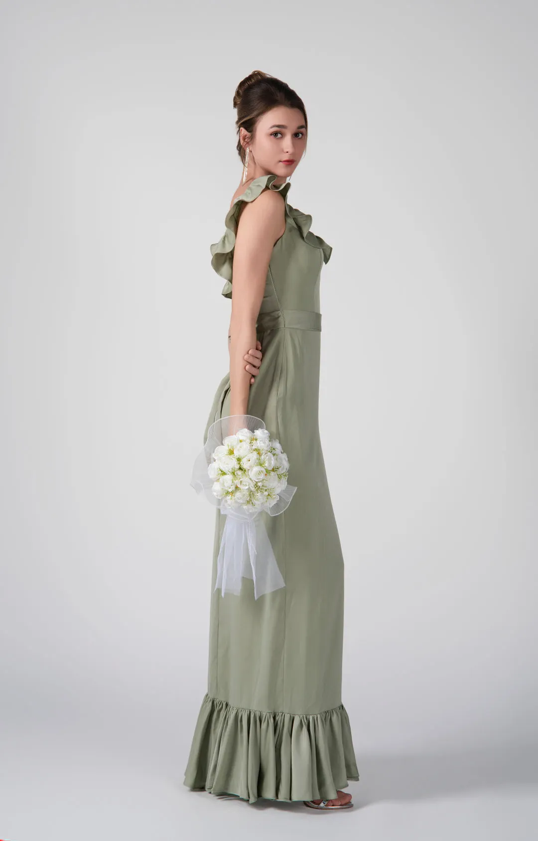 Round Ruffled Neck Belted Waist Back Tie Dresses