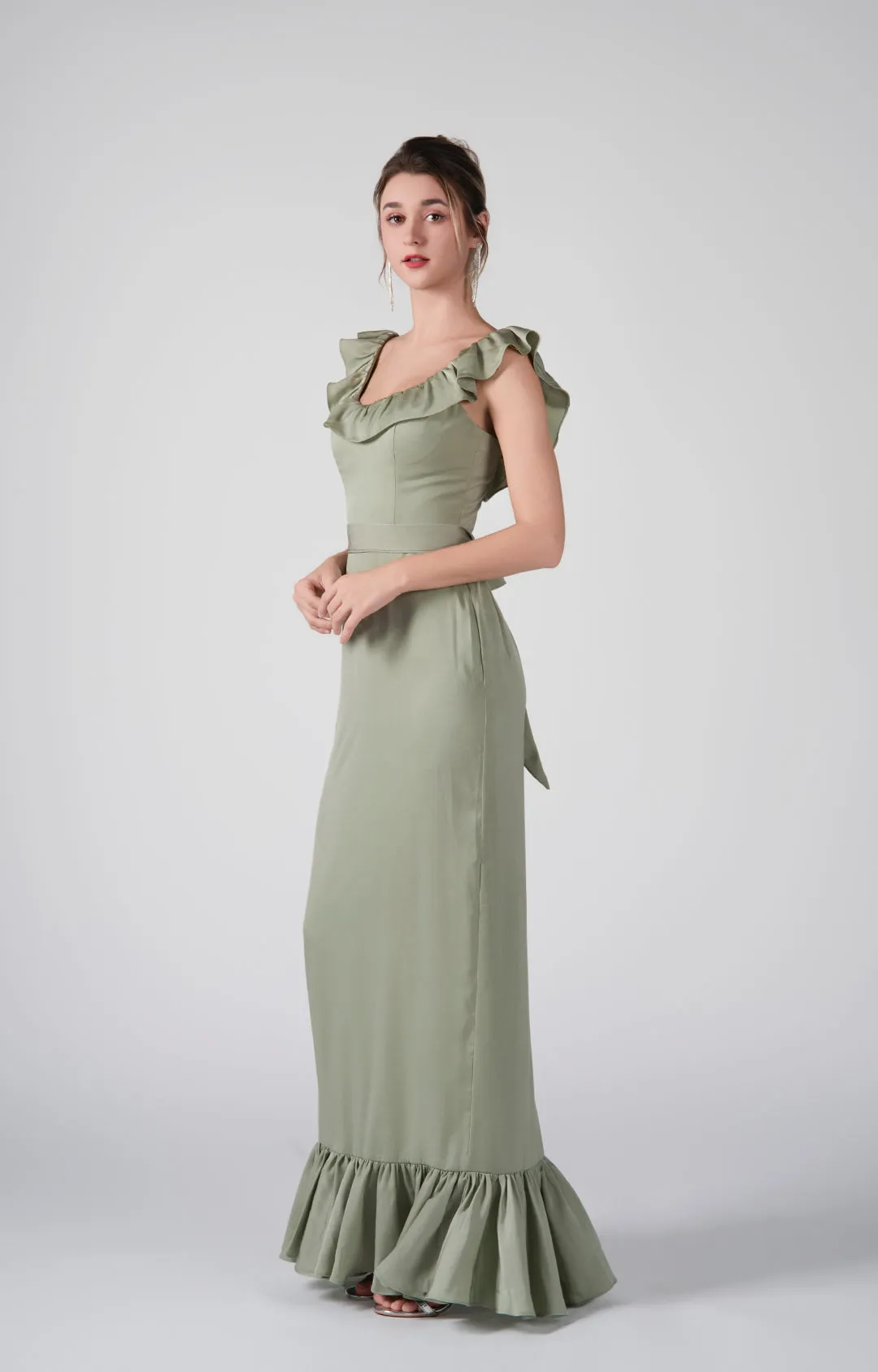 Round Ruffled Neck Belted Waist Back Tie Dresses