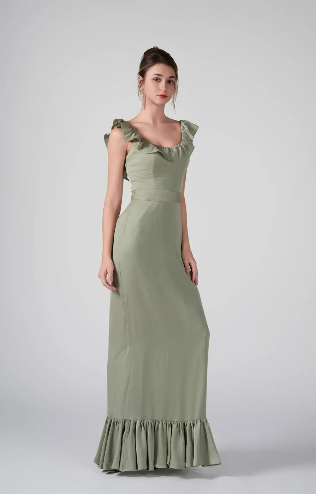 Round Ruffled Neck Belted Waist Back Tie Dresses