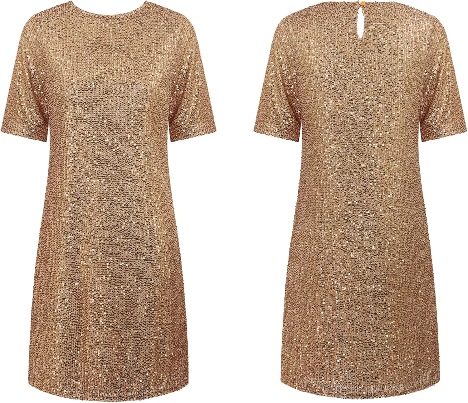R.Vivimos Women's Loose Party Sparkly Sequin Dress Short Sleeve Back Button Crew Neck Glitter Mini Shift Dress Clubwear