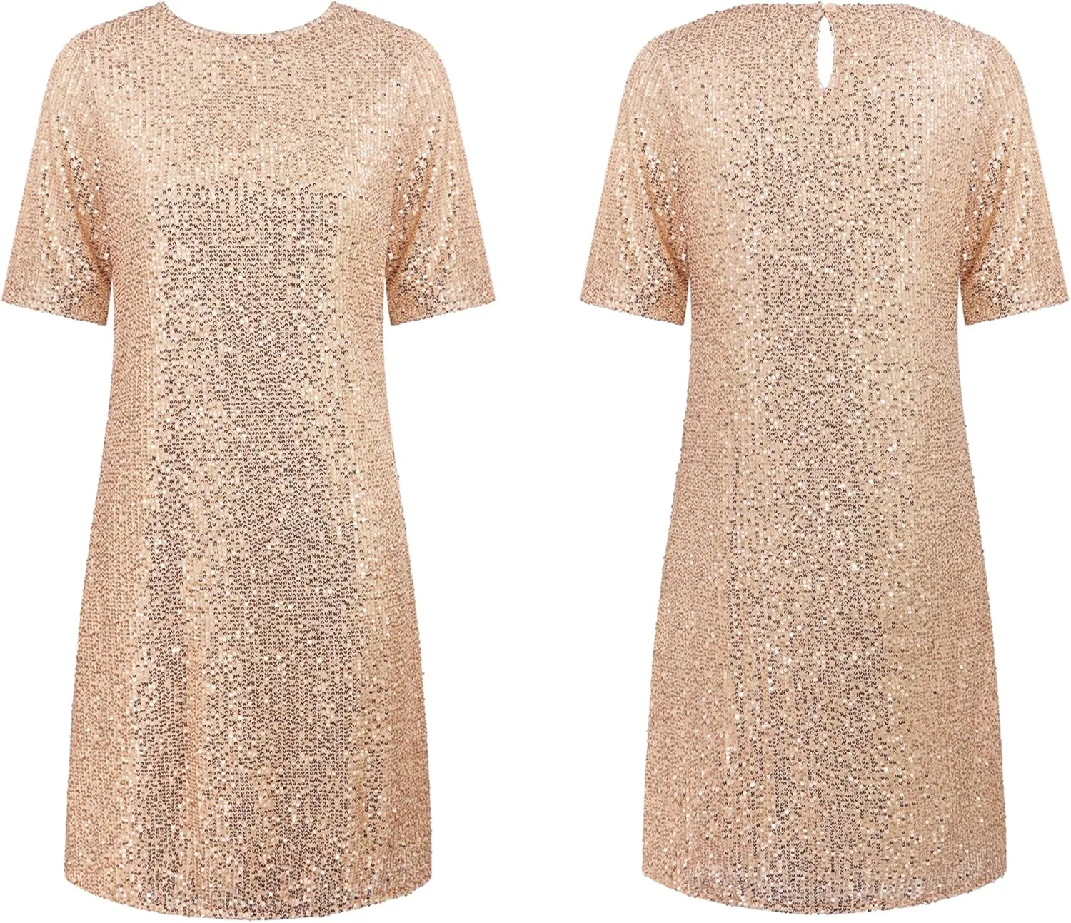 R.Vivimos Women's Loose Party Sparkly Sequin Dress Short Sleeve Back Button Crew Neck Glitter Mini Shift Dress Clubwear